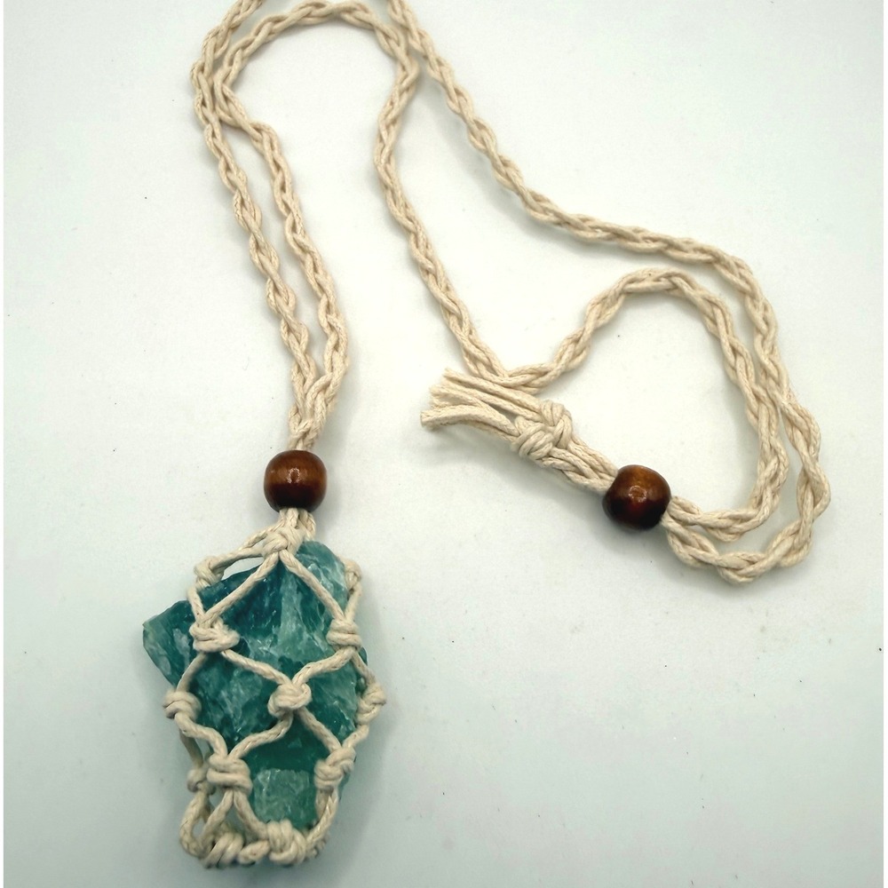 Raw Green Fluorite Crystal Macrame Necklace Adjustable Boho Braided Cord 24"